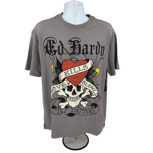 Ed Hardy Graphic T-Shirt Love Kills Slowly Tattoo Skull Gray Medium #1177‎